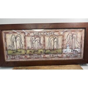 Welcome Winter Spring Summer Fall 22x10 Framed Print Primitive Folk Art Vtg
